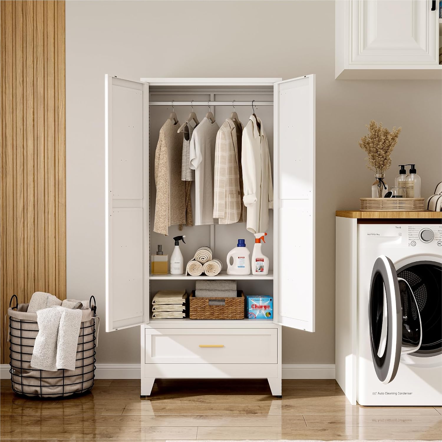 Metal Wardrobe Closet Hanging Rod 71" Tall, Heavy Duty Steel Armoire Wardrobe Cabinet, Clothing Storage Cabinet for Bedroom, Office, Laundry Room, 1 Drawer, White