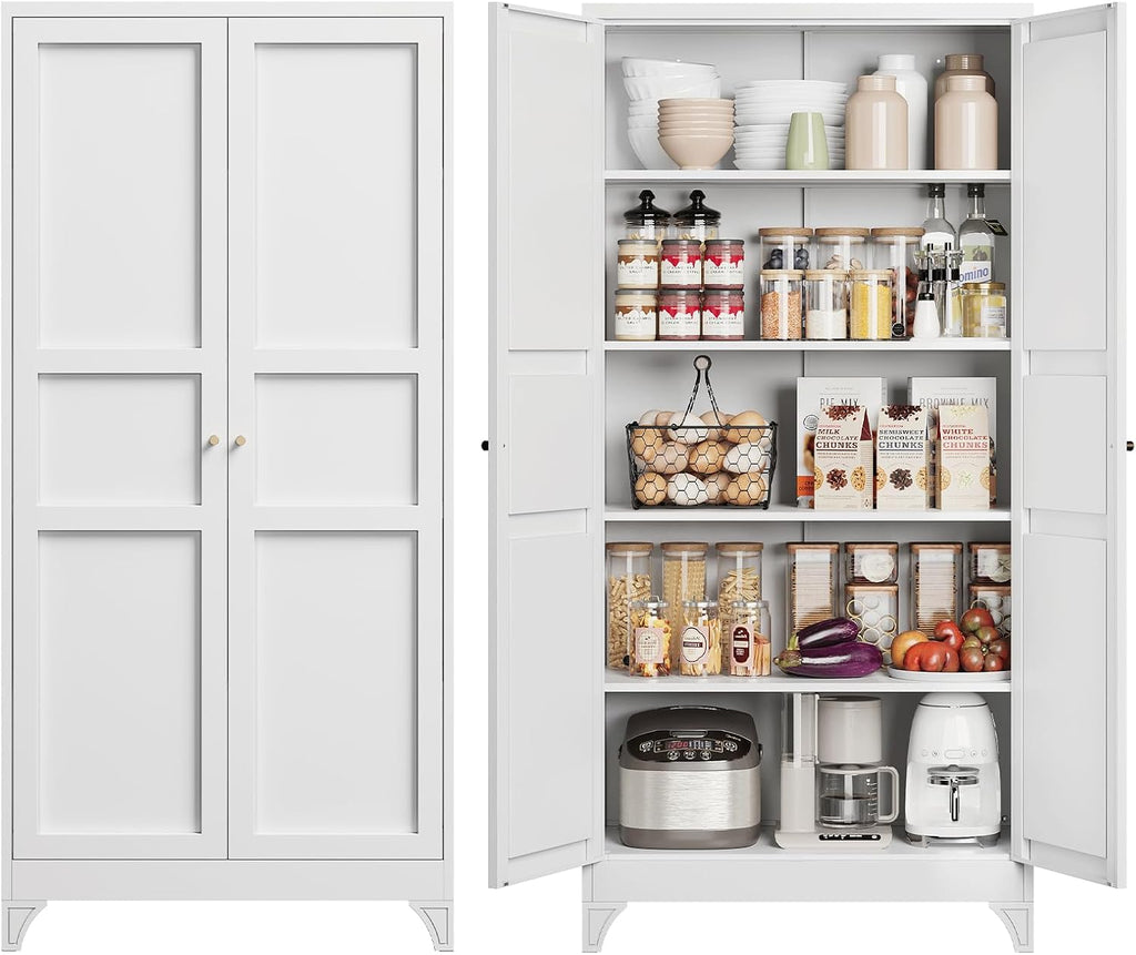 Yizosh Metal Storage Cabinet Kitchen Pantry Cabinet 4 Adjustable Shelves Kitchen Pantry Cabinet for Livingroom Pantry Bathroom Kitchen 75.6" H x 35.4" W x 17.7" D White