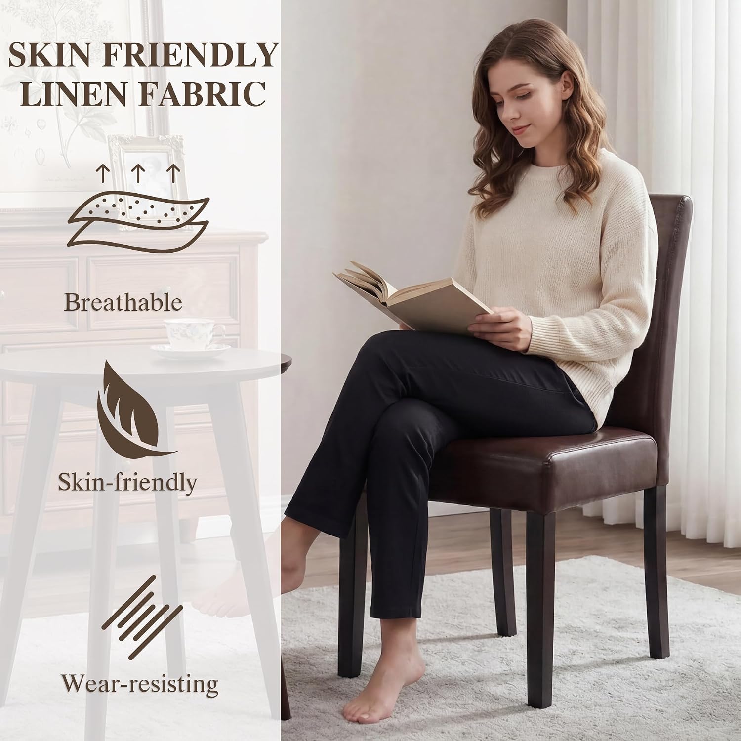 LSSBOUGHT Modern Dining Chair Set of 6,Urban Style Leather Kicthen Chairs with Solid Wood Legs for Dining Room and Restaurant (Brown-Quilted backrest)