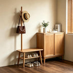 Solid Oak Coat Rack with Bench, 2-in-1 Shoe Bench and Coat Rack, Narrow Wooden Entryway Organizer with Hooks for Hallway, Foyer, Bedroom, Natural Oak Finish