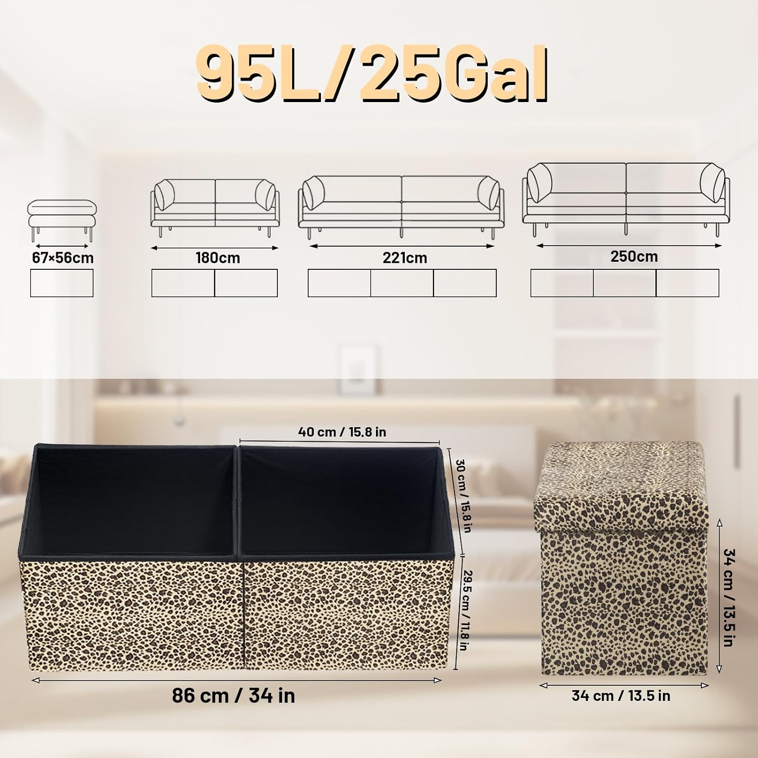 Bsketa Storage Ottoman Bench, 34" Folding Velvet Foot Rest,Leopard Print | Large Ottoman with Storage, Thicker Foam Padded Seat, Livingroom, Dorm, Bedroom, Easy to install, 86L,34 x 13 x 13in