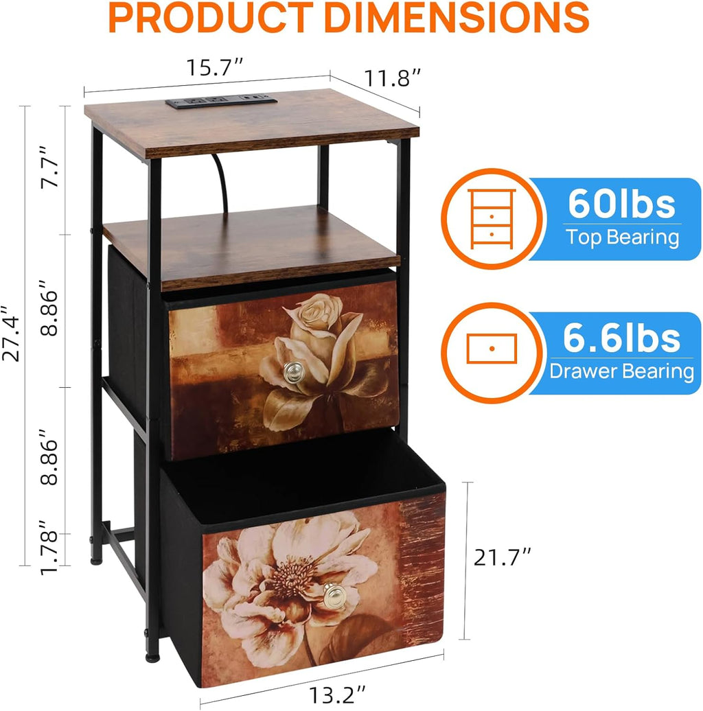 ALBAD Nightstand with Charging Station and LED Lights, Brown Flower Drawers | End Table with USB Ports and Outlets, 2 Fabric Drawers and Open Top Shelf, for Bedroom Bedside, Living Room, Dorm