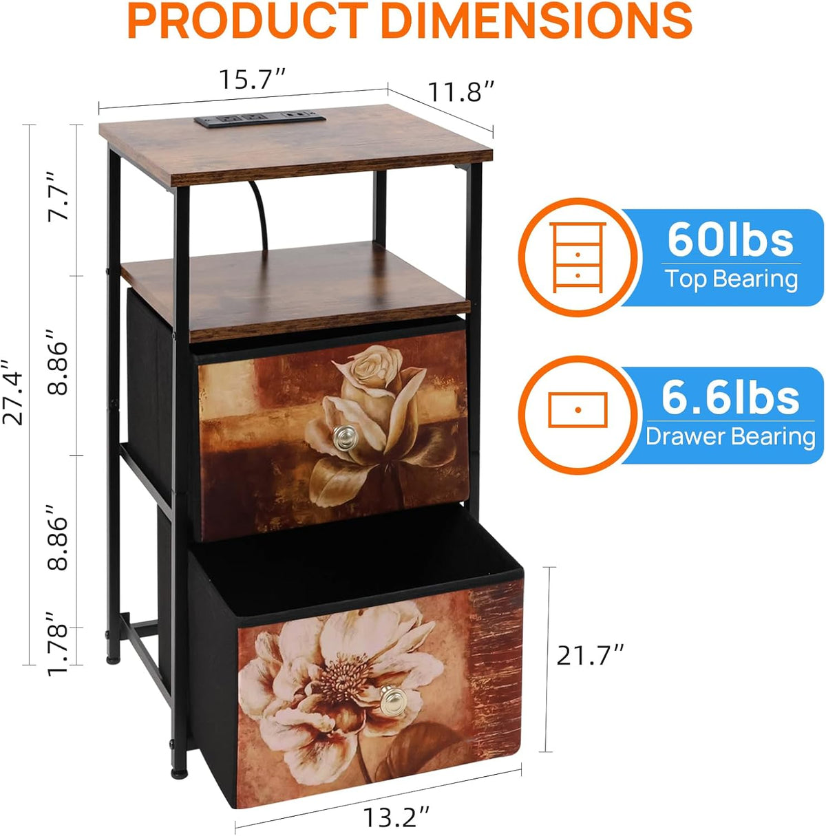 ALBAD Nightstand with Charging Station and LED Lights, Brown Flower Drawers | End Table with USB Ports and Outlets, 2 Fabric Drawers and Open Top Shelf, for Bedroom Bedside, Living Room, Dorm