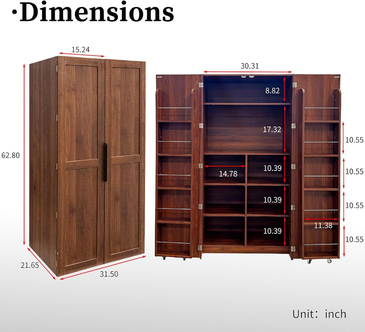 22 in Deep Kitchen Pantry Storage Cabinet with Door Shelving Walnut | 180° Doors with Bottom Rollers, Adjustable Shelves