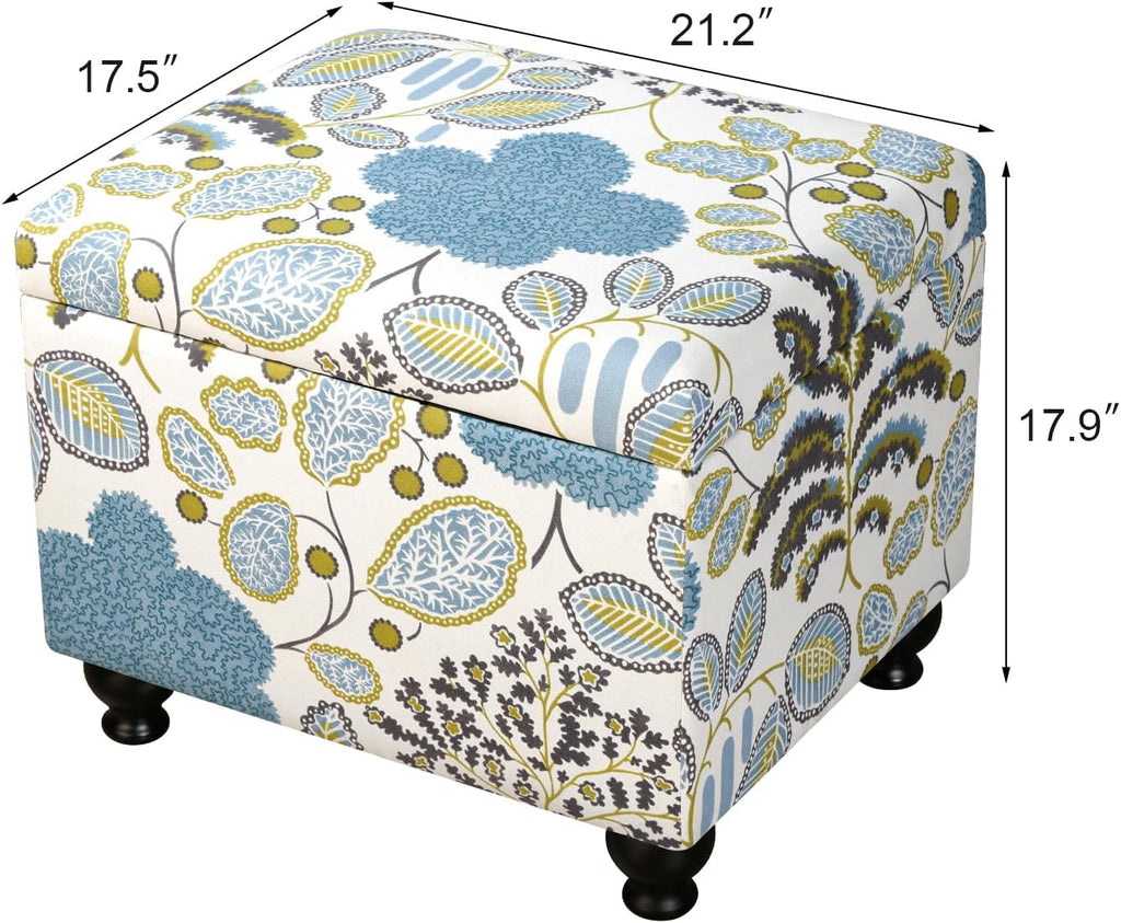 Adeco Colorful Storage Ottoman with Storage, 21" Linen Fabric Ottoman Foot Rest Stool with Hinged Lid with Blue Leaf Pattern, 360 LB Load Capacity, Living Room, Bedroom, Entryway