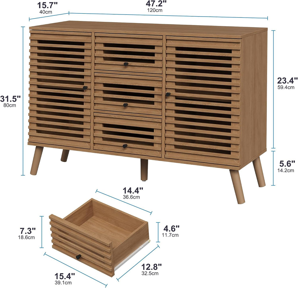 Furnify Buffet Cabinet with Slatted Doors, 47" W Sideboard Buffet with Drawers, Modern Mid Century Accent Storage Cabinet for Living Room, Entryway, Kitchen, Oak