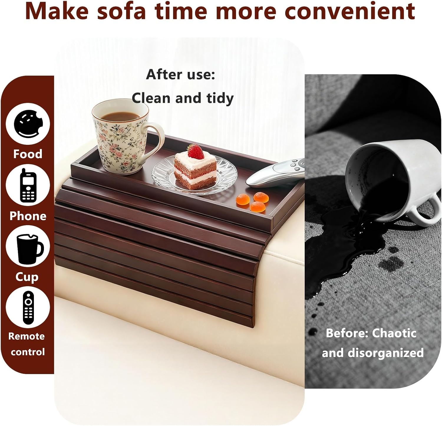 Bamboo Couch Arm Tray Table, Foldable Sofa Rest with Non-Slip Base Portable Armchair Cup Phone Holder for Drinks, Remote, Snacks Fits Most Recliners Couches, Easy-Clean Surface(Mahogany)