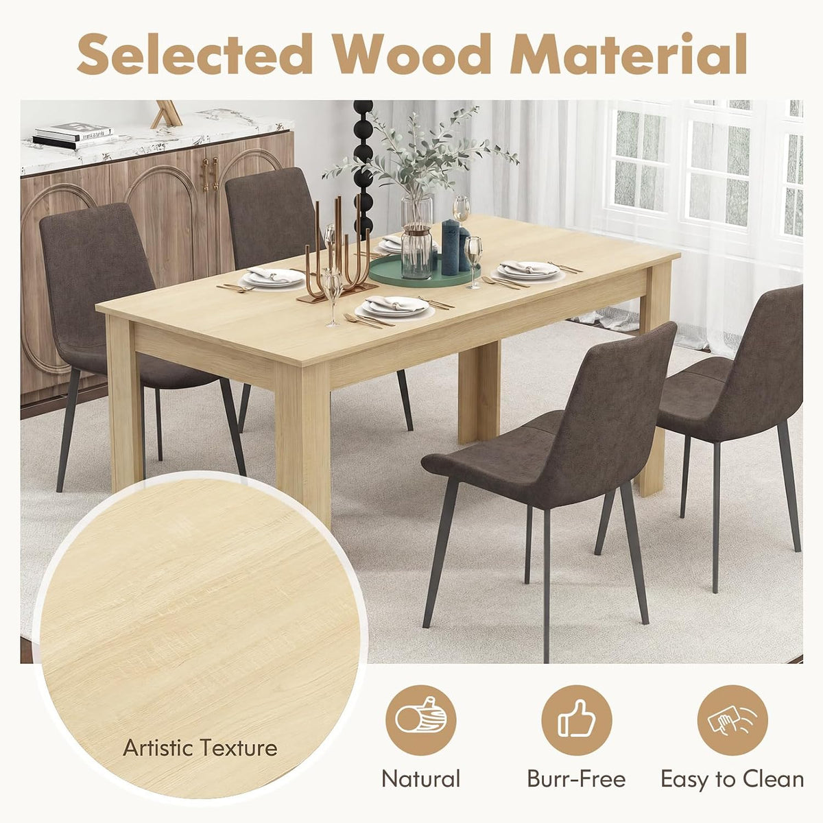 GOFLAME Dining Table for 4-6 People, 63” Modern Kitchen Table with L-Shaped Legs, 330 lbs Weight Capacity, Large Wooden Rectangular Dinner Table for Dining Room, Living Room (Natural)