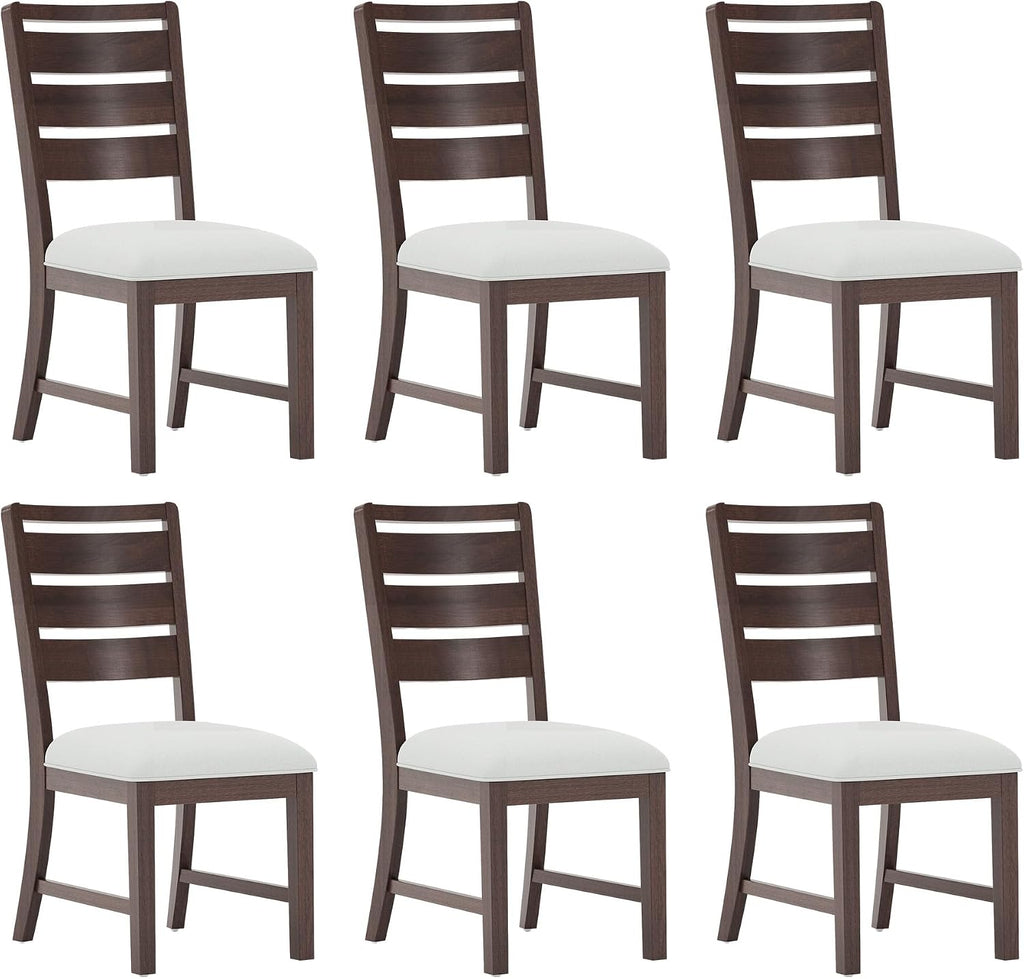 COLAMY Wooden Dining Chairs Set of 6, Farmhouse Upholstered Dining Room Chairs with 3.5" Thick Cushion, FSC Solid Wood Ladder Back Kitchen Chairs for Home and Restaurant, Easy Clean,Brown