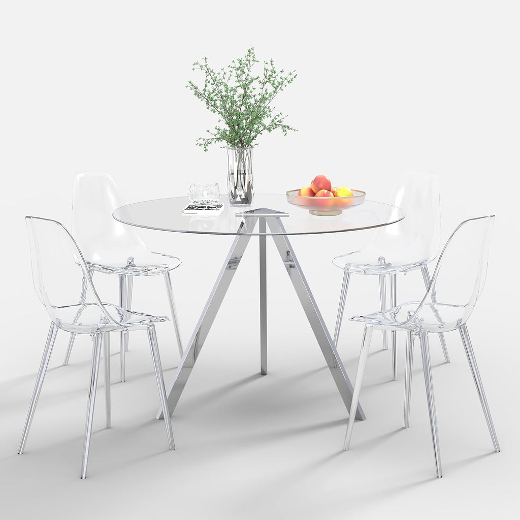 Round Dining Table Set for 4, 39" Clear Tempered Glass Table with Sliver Metal Legs and 4 Transparent Acrylic Chairs, Compact Modern Kitchen Table Set for Small Space Dining Room (Sliver)