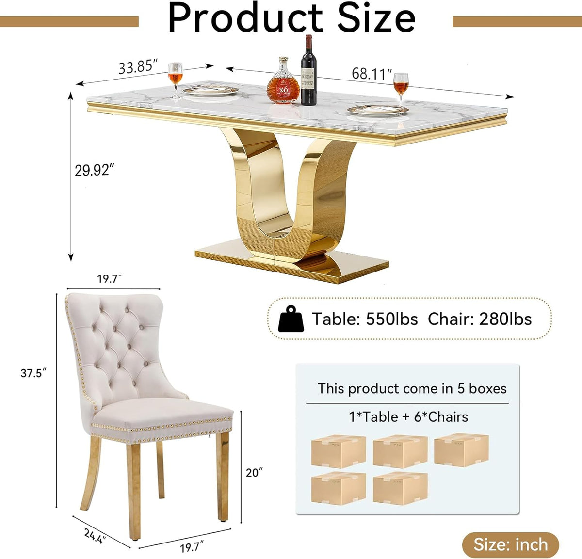 7-Piece Dining Table Set with 6 Beige Upholstered Chairs, 68" White Gold Faux Marble Kitchen Table Set for 6, U-Shape Pedestal Dining Room Table Set for 6, Modern Dining Table Set for 6