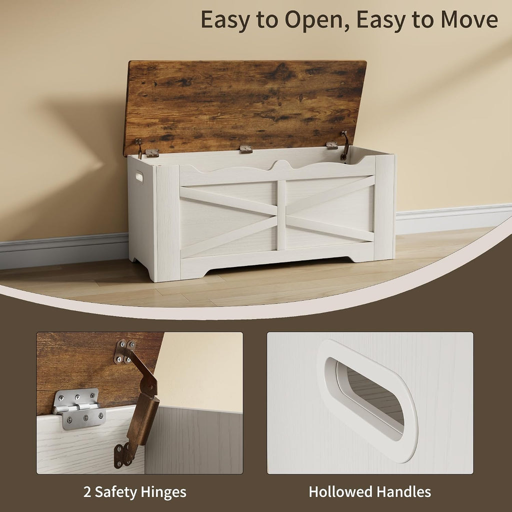 47.2" Wooden Storage Bench with 2 Safety Hinges, Flip Top Storage Trunk, 300lbs Load Capacity, Blanket Organizer Bench for Entryway Hallway Bedroom Living Room, White Walnut