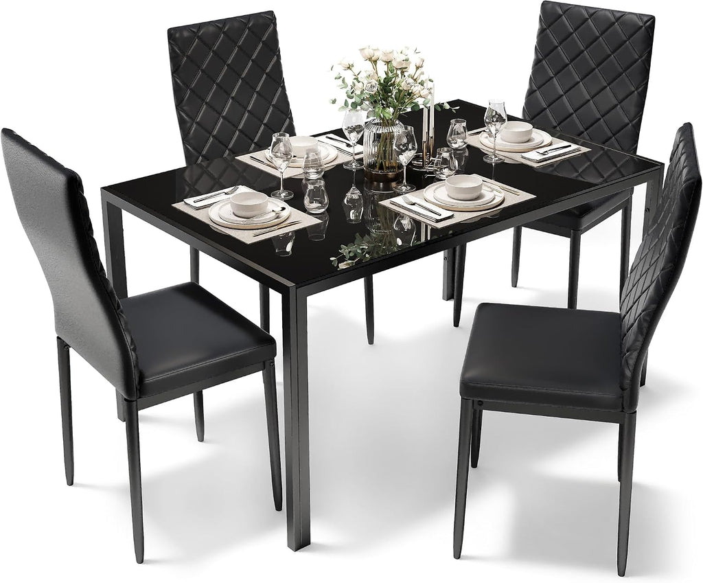 Dining Table Set for 4, Kitchen Table and Chairs Set of 4, 5 Piece Modern Dining Room Table Set with Tempered Glass Top and PU Leather Chairs for Small Space, Apartment, Black