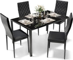 Dining Table Set for 4, Kitchen Table and Chairs Set of 4, 5 Piece Modern Dining Room Table Set with Tempered Glass Top and PU Leather Chairs for Small Space, Apartment, Black