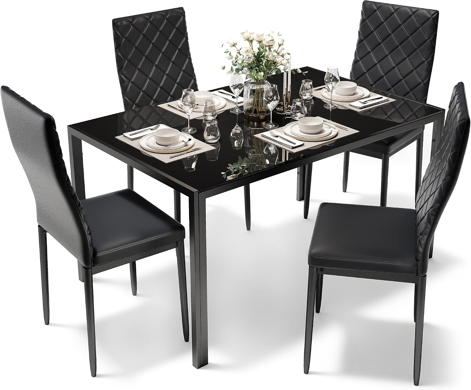 Dining Table Set for 4, Kitchen Table and Chairs Set of 4, 5 Piece Modern Dining Room Table Set with Tempered Glass Top and PU Leather Chairs for Small Space, Apartment, Black
