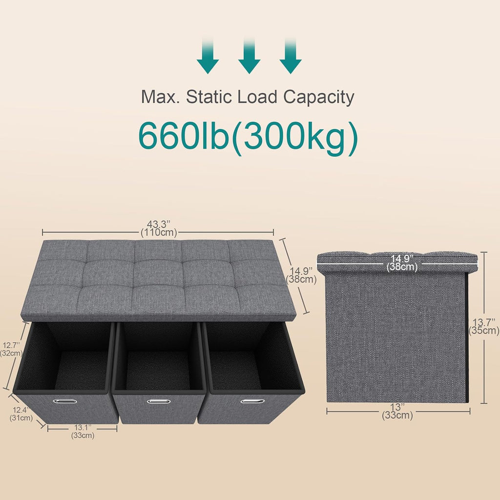 43 Inches Folding Storage Ottoman Bench with Drawers,End of Bed Foot Rest Stool with Padded Seat，Bedroom Bench for Living Room,Bedroom,Support 660lbs,Grey