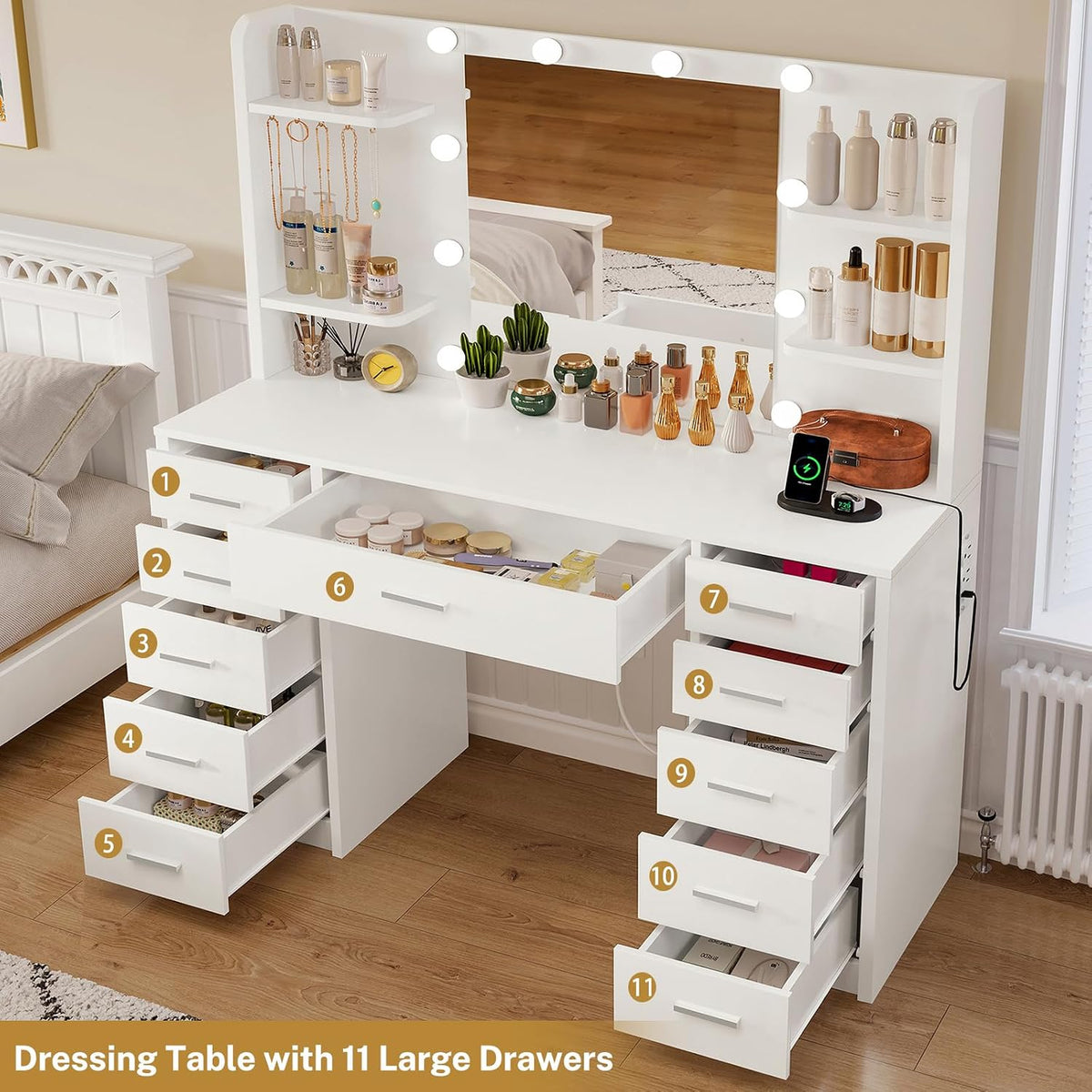 FIONESO Large Vanity Desk with Mirror and Lights, Makeup Vanity with 11 Drawers & 6 Open Shelves, 3 Lighting Modes, Brightness Adjustable, Vanity for Girls, White