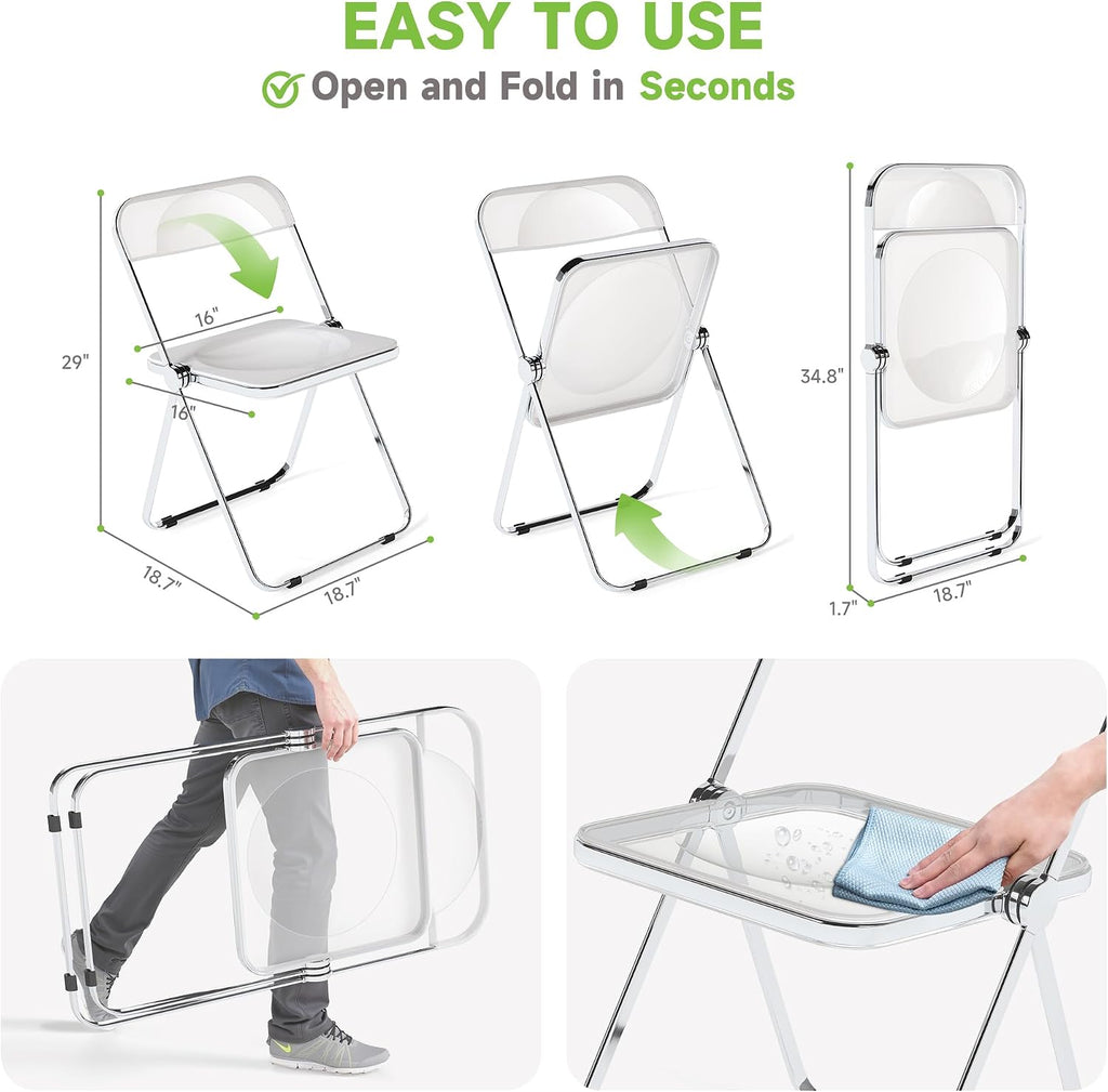 Real Relax Acrylic Folding Chairs,Foldable & Stackable Clear Chairs with Metal Chrome Frame, Indoor and Outdoor, for Home, Office, Party & Events,Set of 6,350LB,Transparent