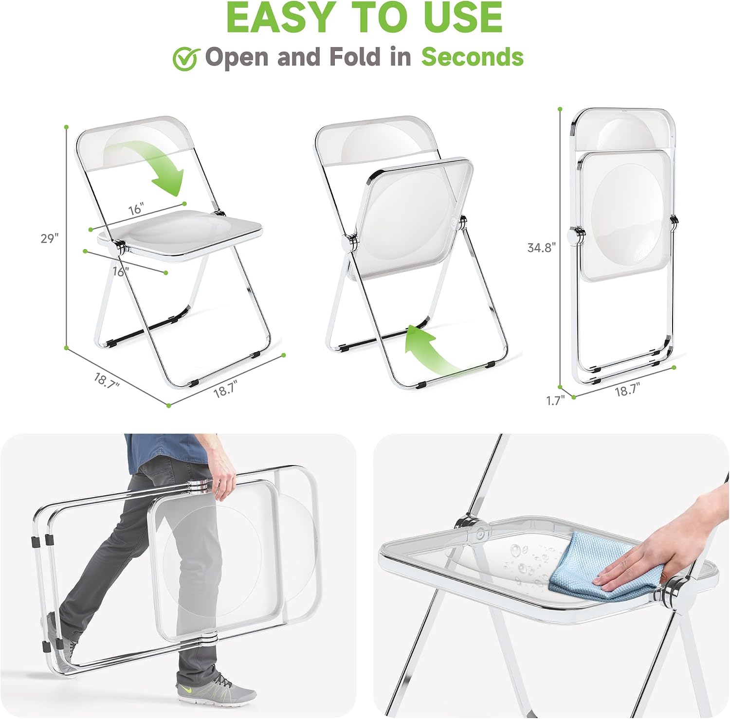 Real Relax Acrylic Folding Chairs,Foldable & Stackable Clear Chairs with Metal Chrome Frame, Indoor and Outdoor, for Home, Office, Party & Events,Set of 6,350LB,Transparent
