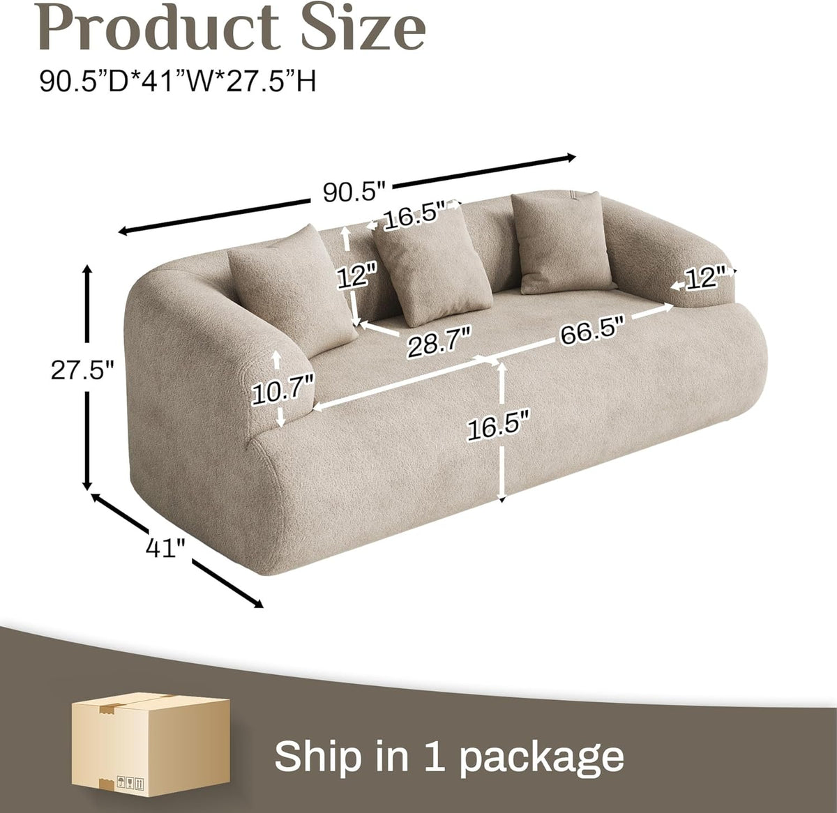 91" Couch,Cloud Couch,Chenille Curved Sofa with 3 Seater and 3 Pillows, Modern Compression Sofa for Living Room, Bedroom and Apartment, No Assembly Required, Light Brown