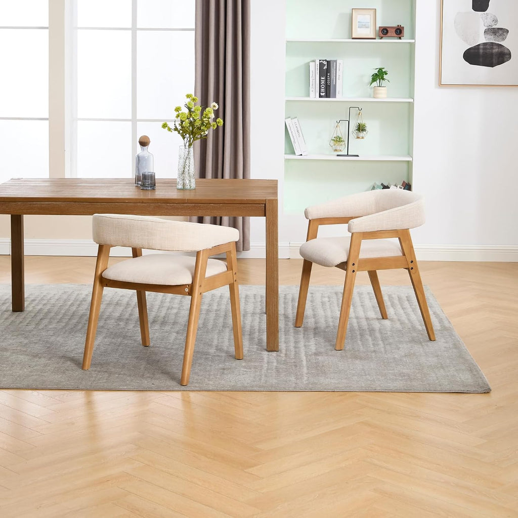 RIVOVA Modern Round Dining Chairs with Open Curved Back Set of 2, Linen Fabric Upholstered Kitchen & Dining Room Chairs, Farmhouse Wooden Barrel Kitchen Side Chairs with Arm, Beige, Natural