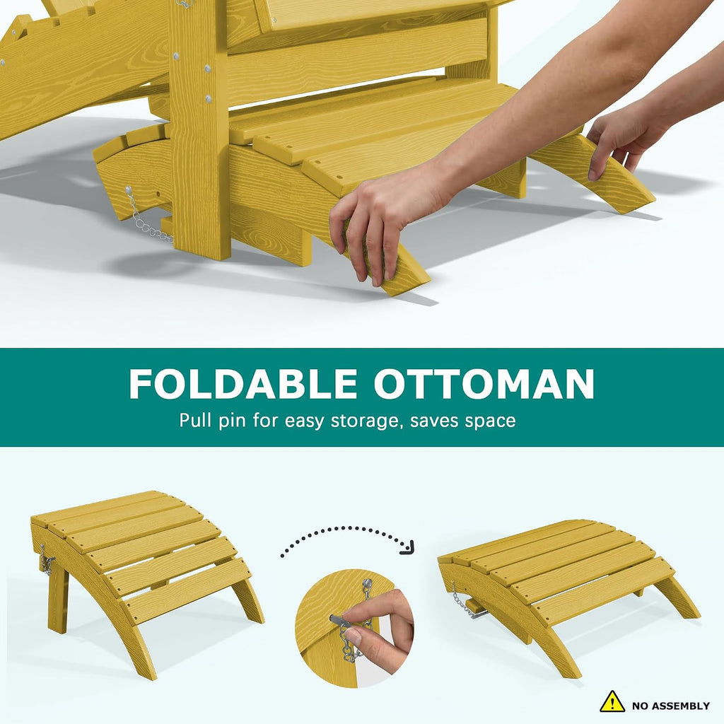 PLUUV Folding Adirondack Ottoman Footrest, All-Weather HDPE Outdoor Footstool for Adirondack Chair, Foldable Ottoman for Patio Backyard Pool Deck, Yellow