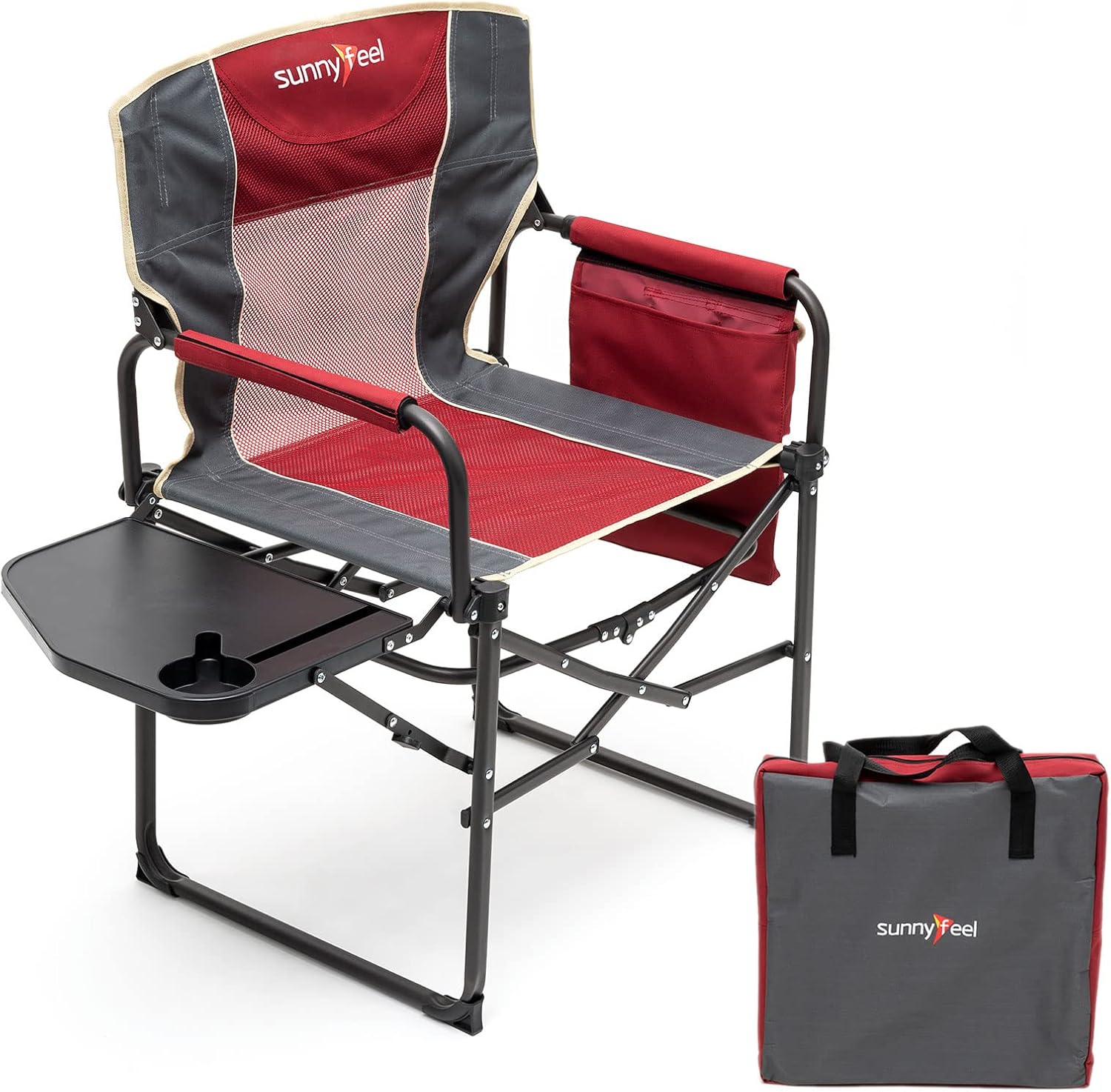 SUNNYFEEL Oversized Camping Chair Portable Directors Chairs with Side Table | Heavy Duty Folding Lawn Chair for Adults 300LBS with Compact Size, Breathable Mesh, Pocket & Carry Bag for Outdoor, Lawn, RV