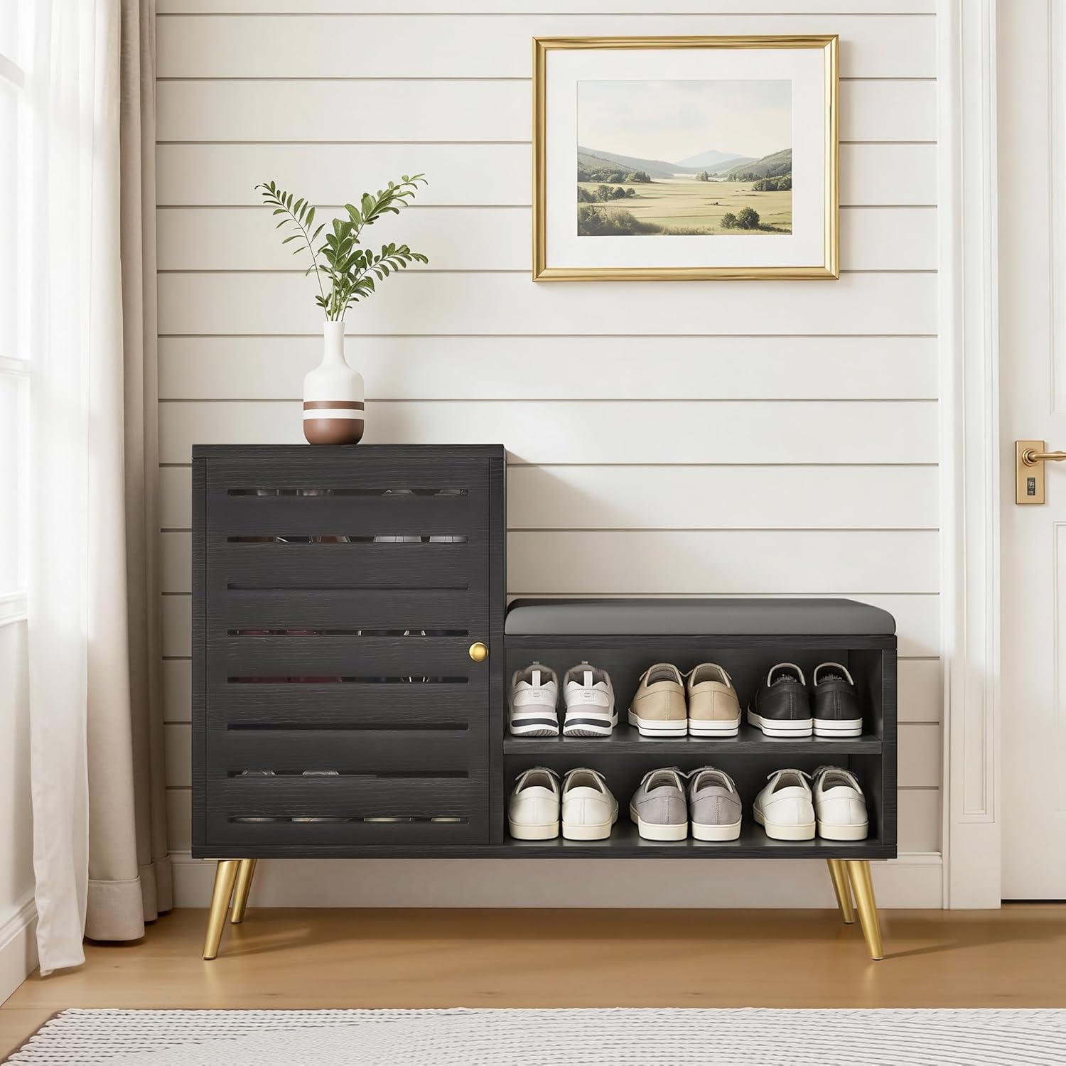 VECELO Shoe Storage Bench with Door&Shelf, Entryway Bench with Seat Cushion, for Hallway, Bedroom, Living Room, L-Shaped, Black