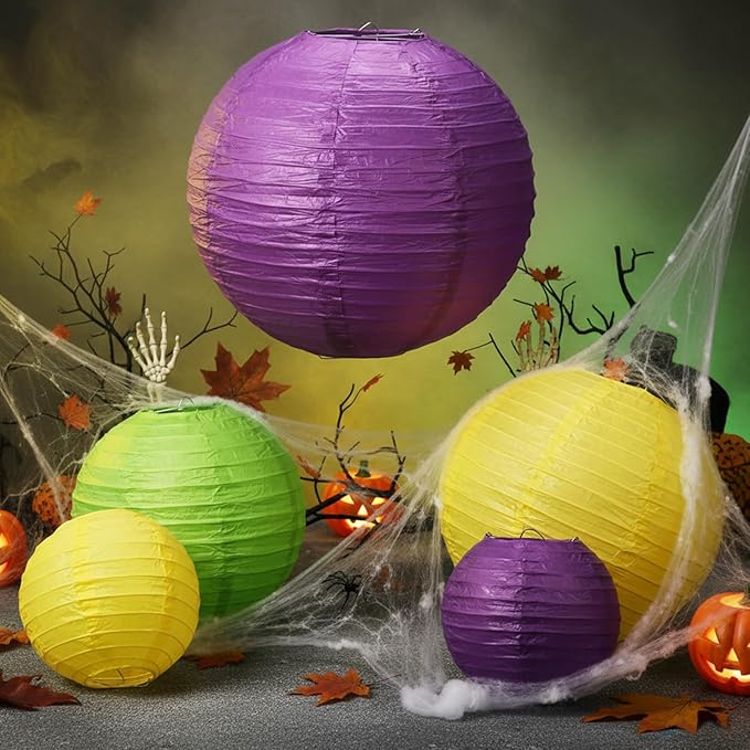 Riakrum 16 Pcs Yellow Green Purple Paper Lanterns Birthday Party Decorations Mixed Size 6'' 8'' 10'' 12'' Colorful Chinese Hanging Paper Lanterns for Wedding Home Decorations Supplies