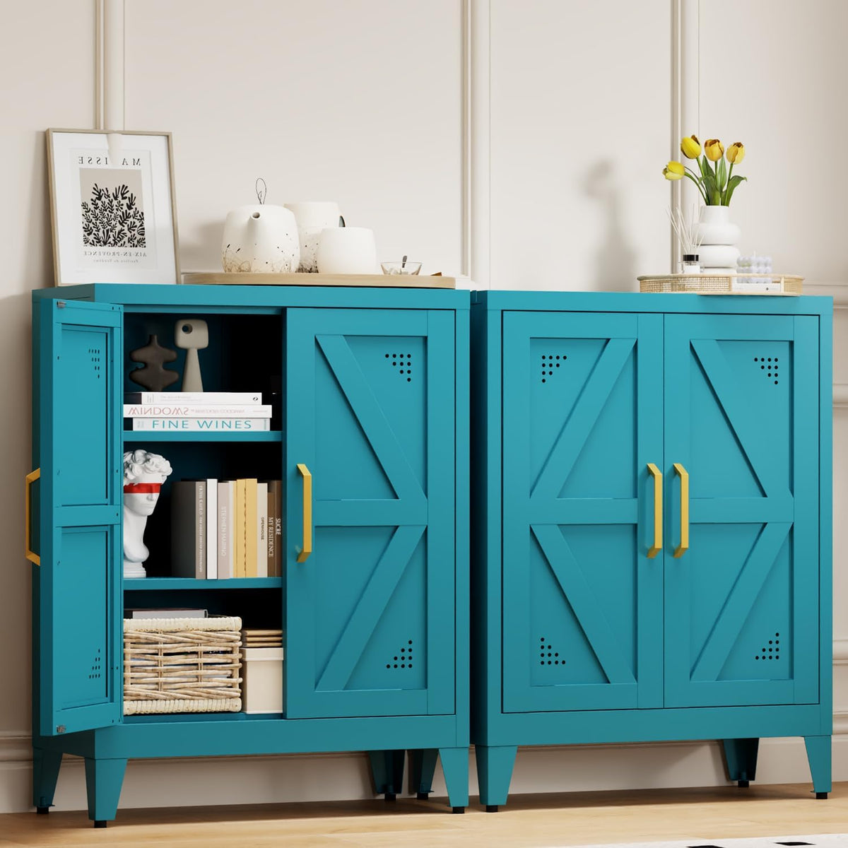32" Metal Kitchen Pantry Cabinet,Floor Bathroom Storage Cabinet with 2 Adjustable Shelves,Freestanding Sideboard for Small Spaces, Living Room, Hallway, Dining Room,Blue