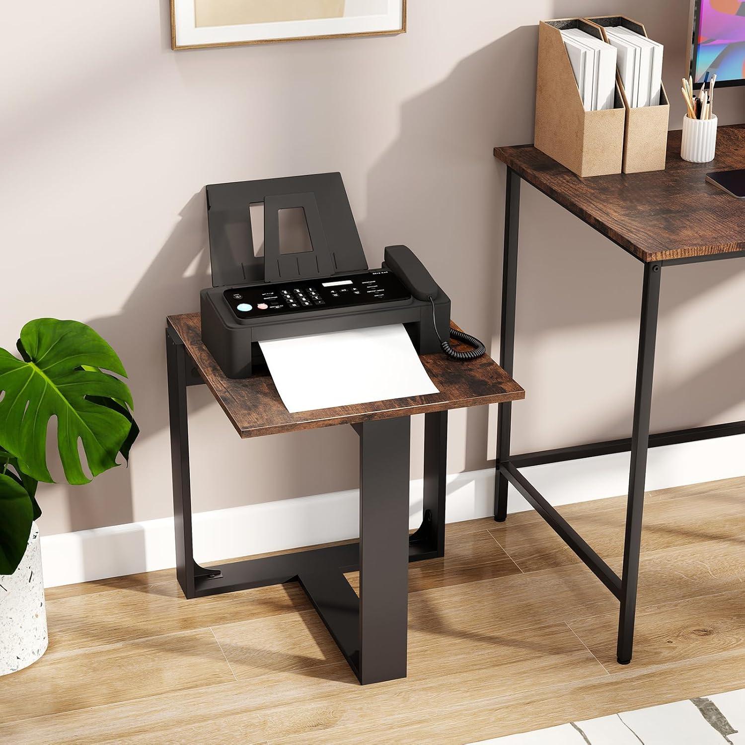 Giantex Industrial End Table Set of 2, Square Bedside Night Stand w/T-Shape Metal Frame, Accent Nightstand for Bedroom, Wood Sofa Side Tables for Living Room Office Small Space, Rustic Brown