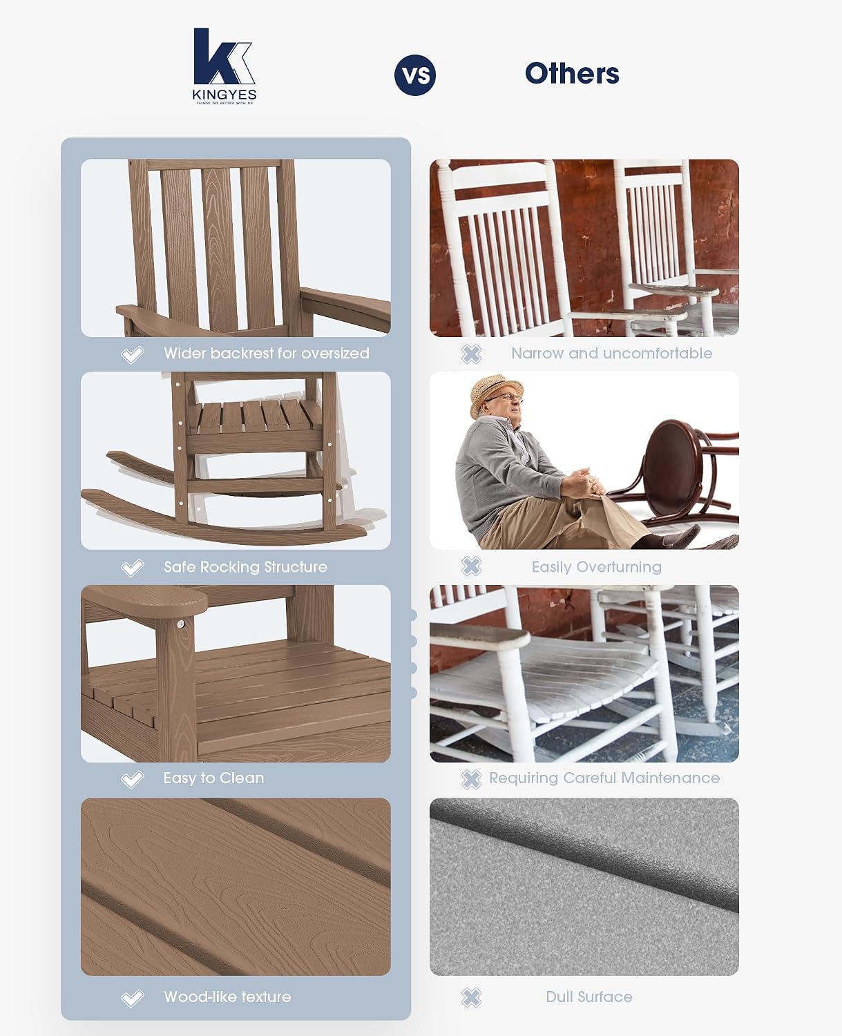 KINGYES Oversized Outdoor Rocking Chair Set of 2, HDPE Patio Rockers, Brown | | All-Weather Patio Rocking Chairs for Porch | High Back & Wide Seat for Garden, Lawn