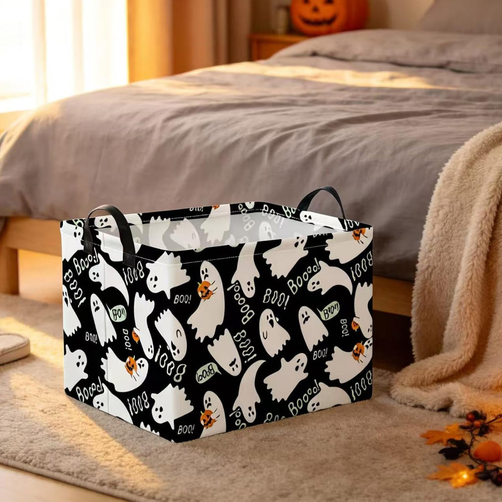 NTAO Gift Storage Basket Empty for Halloween, Storage Bin with Handles, Room Decor, Book Box(Black Ghost Boo)