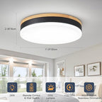 Modern Wood Led Ceiling Lights with Remote, Dimmable 11.8in Black Flush Mount Ceiling Light, 24W 3000K-6000K Light Color Adjustable, 2200LM Round Ceiling Lamp for Bedroom, Kitchen, Hallway