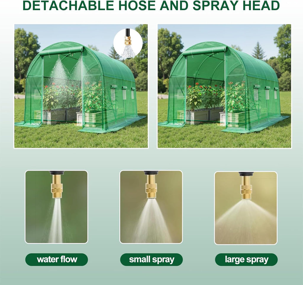 Greenhouse with Watering System, 10x7x7 Outdoor Greenhouse with 6 Mesh Windows and 1 Door, Easy Water and Irrigate Plants Green House (Green, 10x7x7 ft w/ Irrigation System)