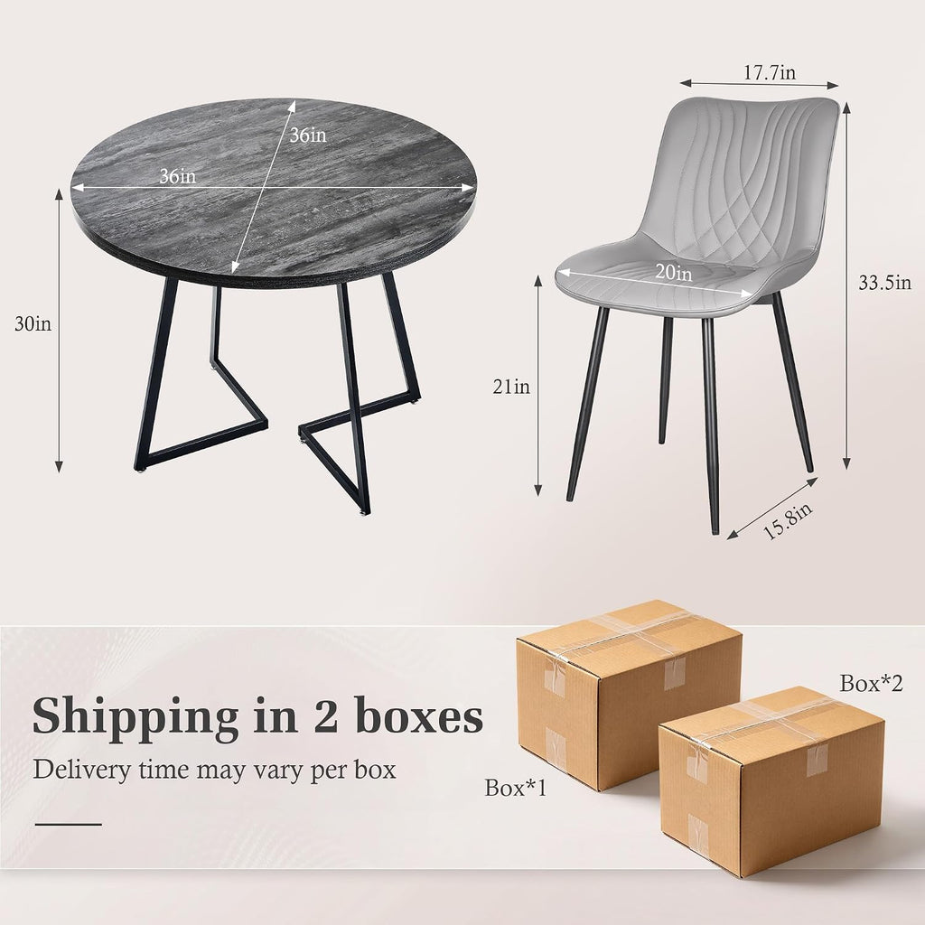 VECELO 3-Piece Dining Table Set, Round Tabletop with Chairs, Grey | Wood Grain Tabletop, 2 Faux Leather Upholstered Chairs, Metal Frame, Space Saving, for Small Apartment, Kitchen, Home Office