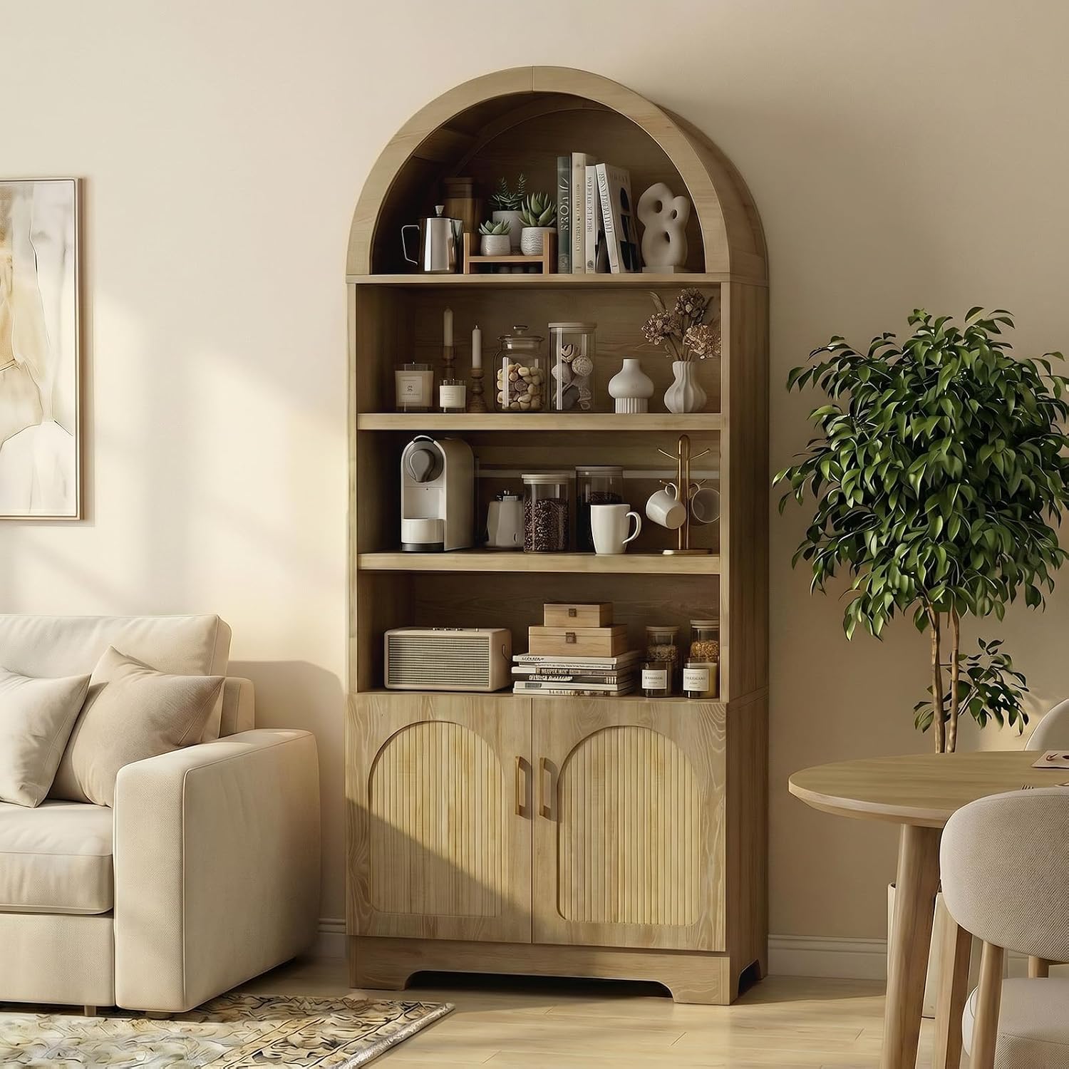 Bestier 71" Tall Arched Kitchen Pantry, Arched Cabinet with Doors, Modern Farmhouse Wood Kitchen Storage Cabinets with 3-Tier Adjustable Shelves, Cupboard for Living Room, Dining Room, Kitchen, Oak