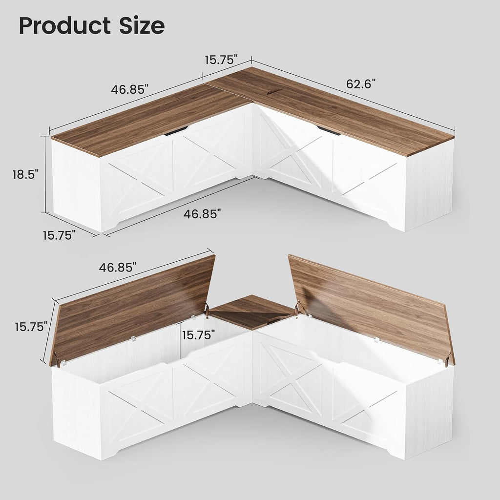 L Shaped Storage Bench, 63" Corner Bench with Storage, Breakfast Nook Bench with 3 Hidden Flip-Top Compartments, Backless Dining Bench for Kitchen, Entryway, Dining Room, Walnut White