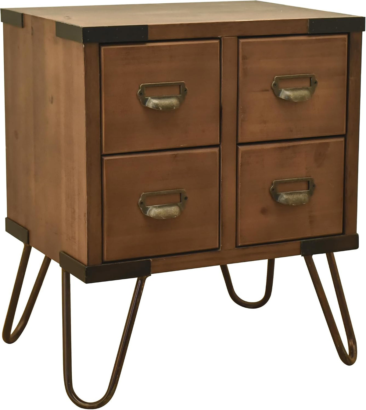 eHemco Antique Style 4-Drawer Storage End Table Side Table with Metal Hairpin Legs, Antique Walnut
