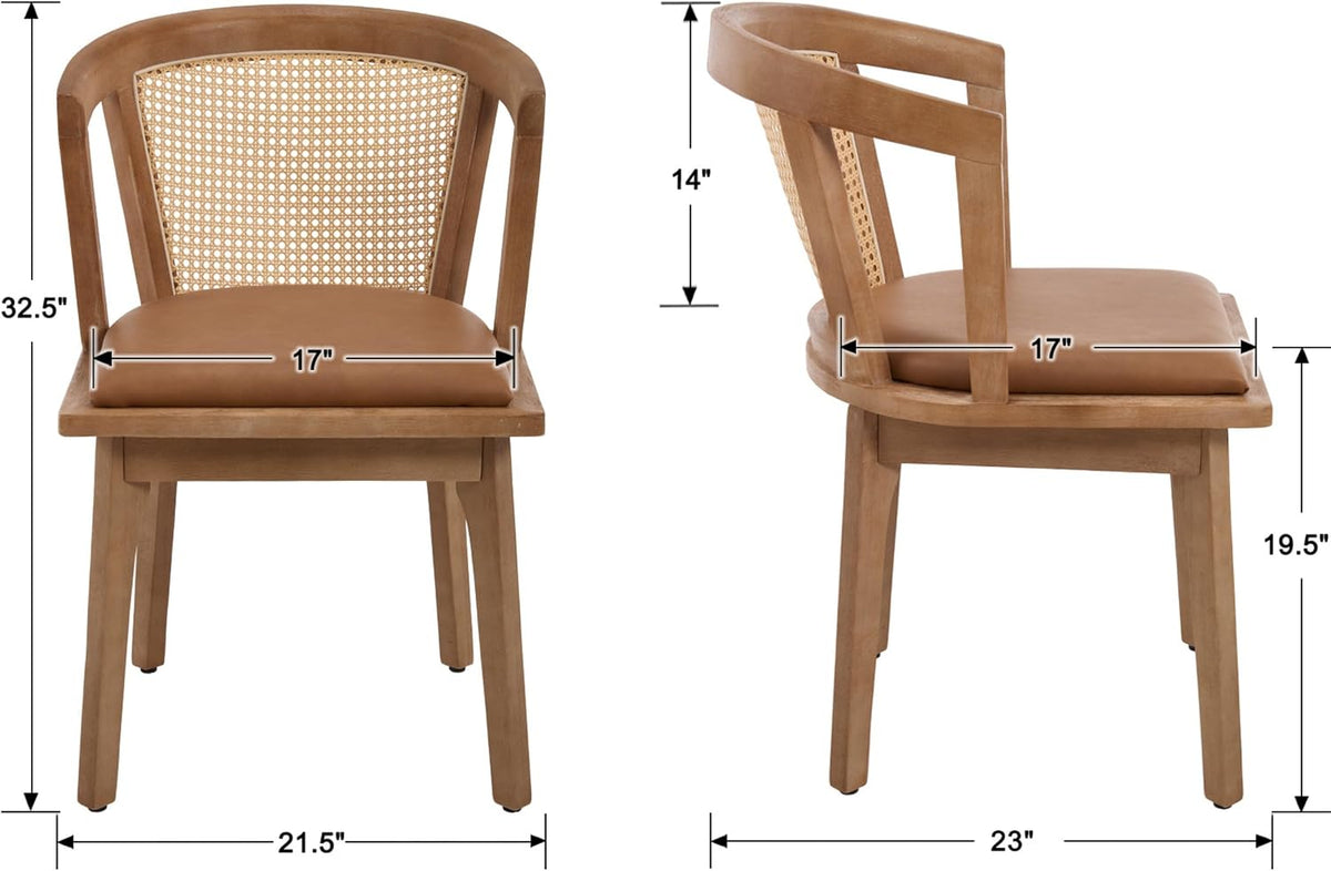 EALSON Rattan Mid Century Dining Chairs Set of 2 Modern Farmhouse Wooden Dining Room Chairs with Cane Curved Back Leather Upholstered Comfortable Kitchen Side Chairs for Restaurant, Brown