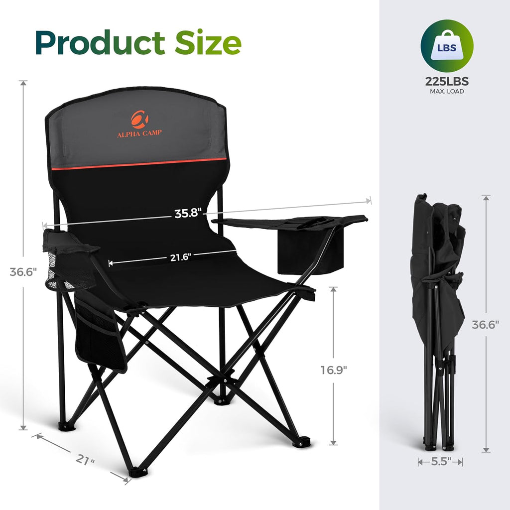 ALPHA CAMP Folding Camping Chair for Adults Lawn Chair for Camping Outdoor | Support 250 LBS Portable Camp Chairs with Cup Holders Cooler Pouch 2 Pack