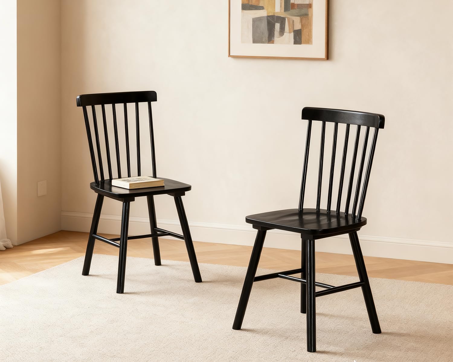 PrimeZone Windsor Dining Chairs Set of 6 - Solid Rubber Wood Farmhouse Kitchen Chair with Spindle Back, Mid-Century Modern Side Dining Chair for Dining Room, Kitchen & Restaurant, Black