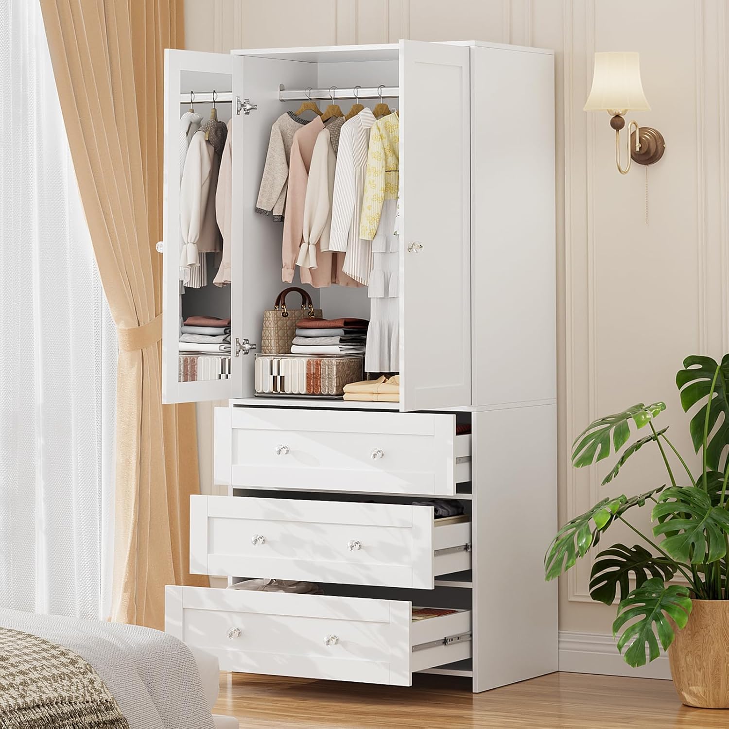 VOWNER 71" Tall Armoire Wardrobe Closet with Drawers and Mirror