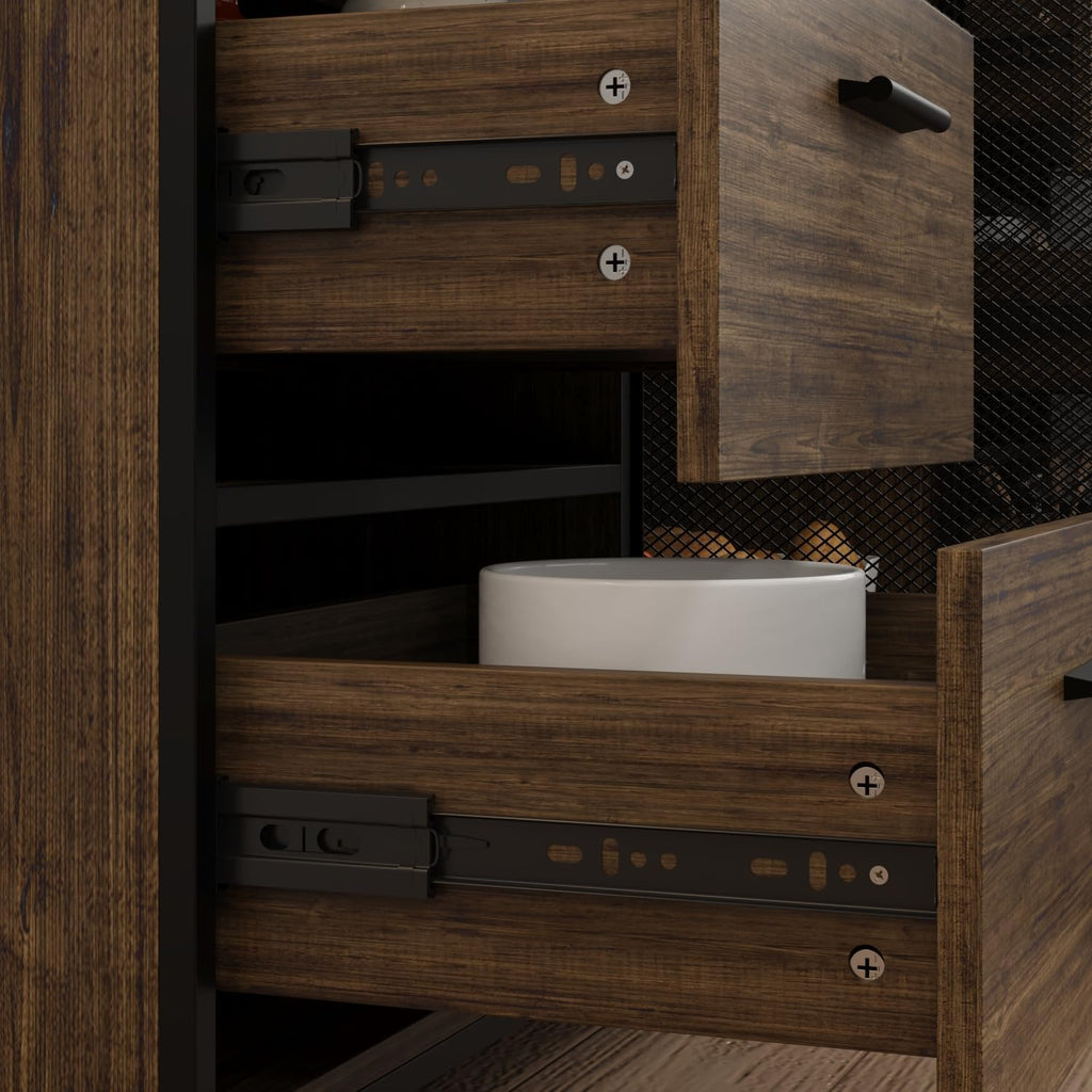 MOUMON 70.9" Extra Large Kitchen Pantry Cabinet with Hutch, Industrial Kitchen Hutch with 6 Drawers and 4 Mesh Doors, Large Coffee Bar Cabinet with Pegboard and Shelves, Brown and Black