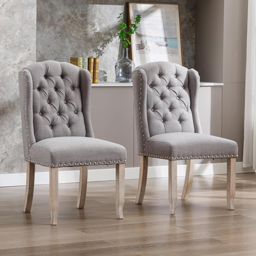 Ya-Home Modern Tufted Dining Chairs Set of 8, Upholstered Kitchen Room Side Chairs Accent Chairs with Wingback Nail Trims Wood Legs, Farmhouse Guest Chairs for Dining Room, Living Room, Linen Grey