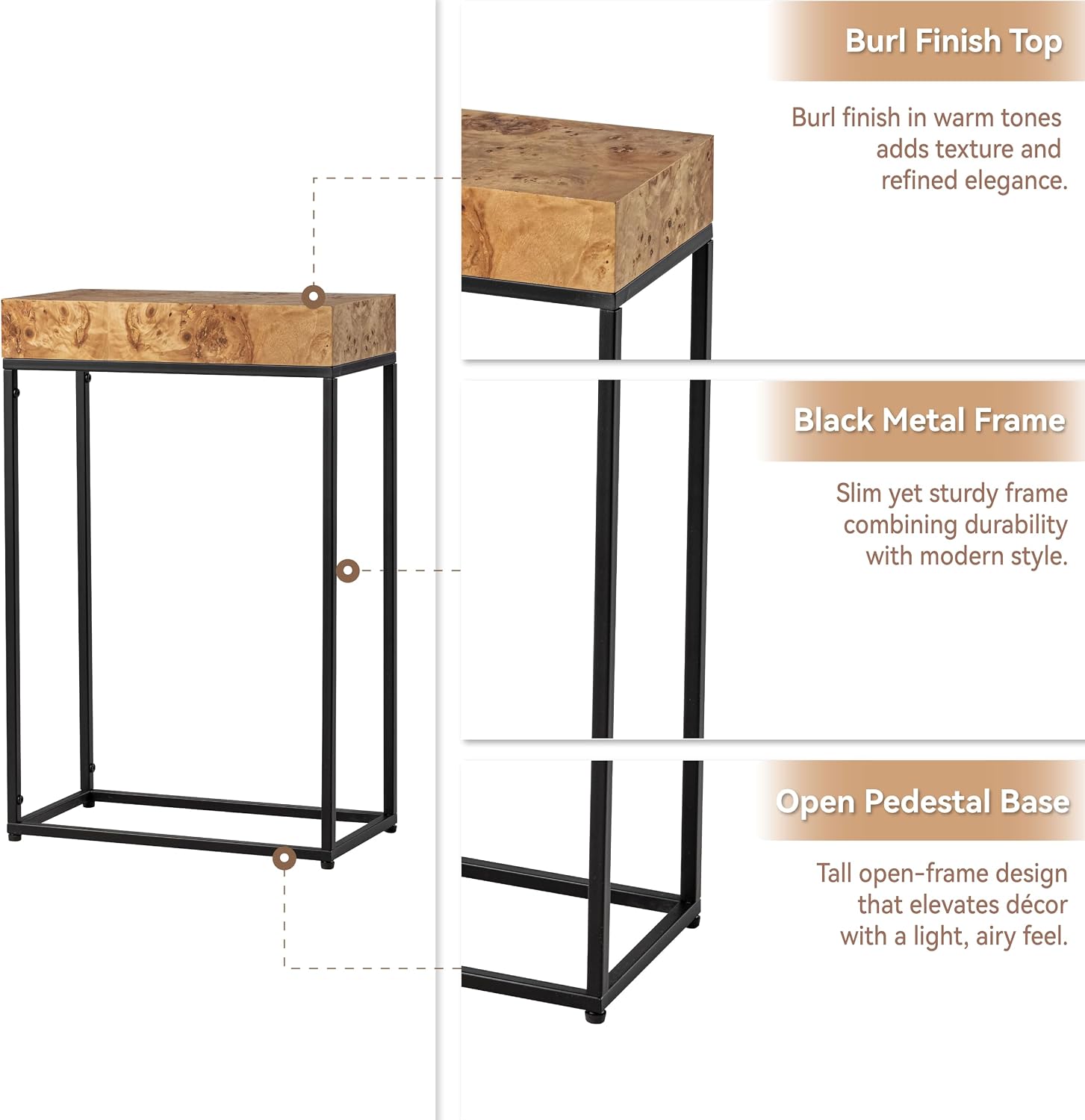 COZAYH Burl Finish Wood Top Tall End Table, Metal Frame Pedestal Display Stand Side Table for Plants, Lamps, or Home Décor, Living Room, Entryway, Office, Rectangular