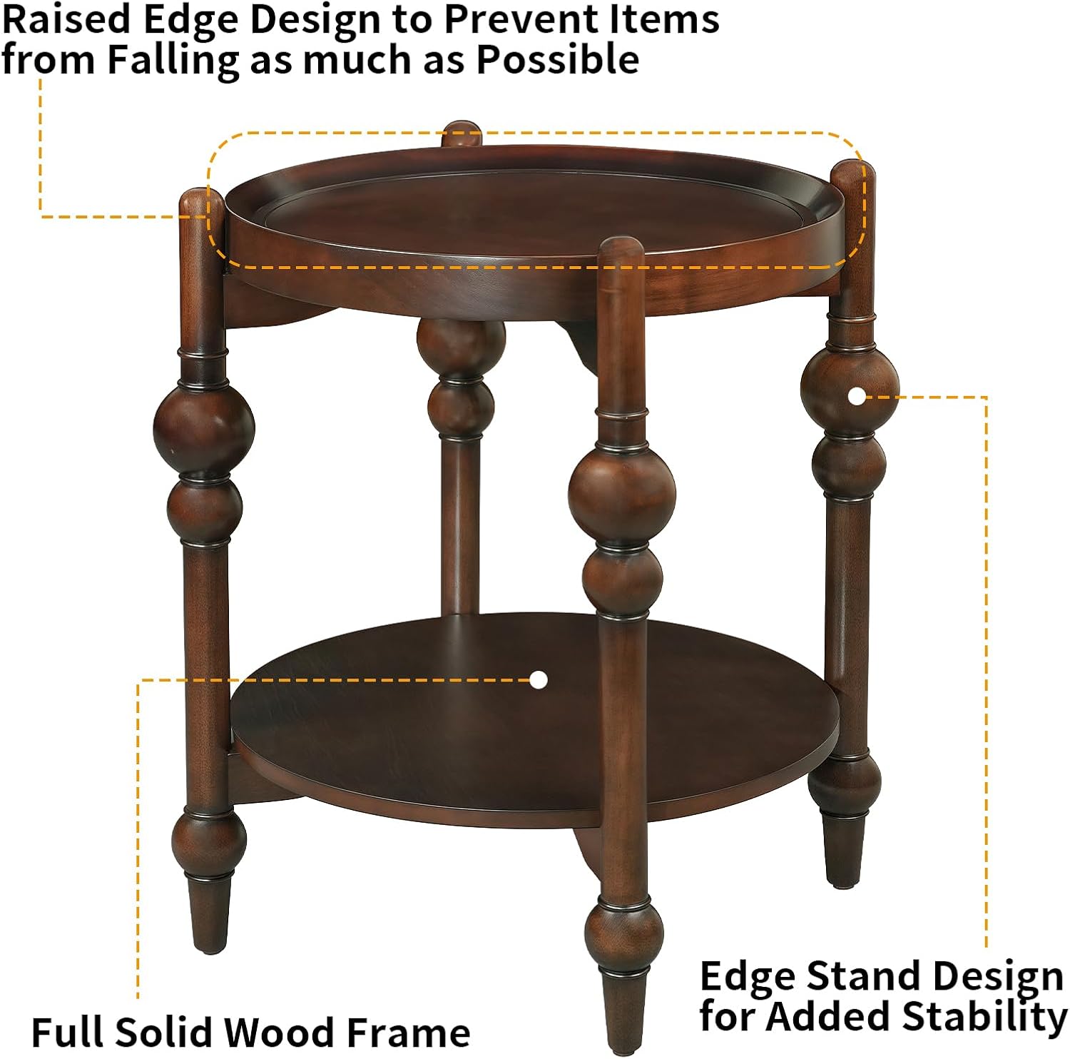 23" Round End Table with Solid Wood Frame, Small Side Table with Wood Shelf for Living Room Small Space Office Apartment, Walnut