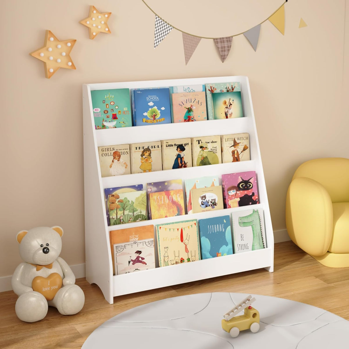 4-Tier Kids Bookshelf Toddler Book Display for Bedroom Playroom | Multi-tier open display shelf for books and toys. Durable engineered wood. Perfect for kids bedroom, playroom, or classr