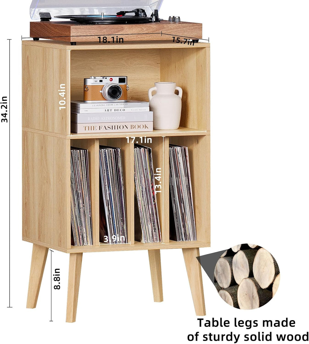 Lerliuo Record Player Stand, Turntable Stand Holds up to 160 Albums | Mid-Century Vinyl Storage Cabinet Table,Solid Wood Legs, Record Player Holder Dispaly Shelf for Living Room,Burlywood