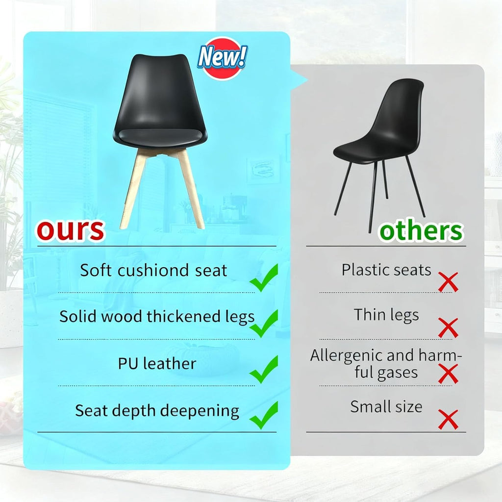 Dining Chairs Set of 4, Mid-Century Kitchen & Dining Room Chairs with Wood Legs and Cushion, Leather Dining Chairs Set for Living Room, Kitchen, Black 4 Pack